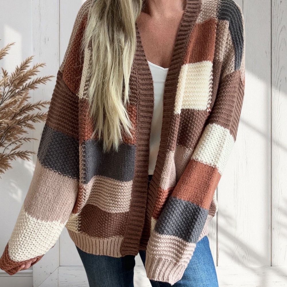 Mocha Brown Combo Checker Block Knit Cardigan Sweater